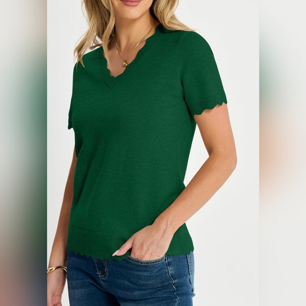 Green Scalloped V-Neck Ribbed Knit Short Sleeve Sweater Top | NWT | Size Large - Picture 5 of 6